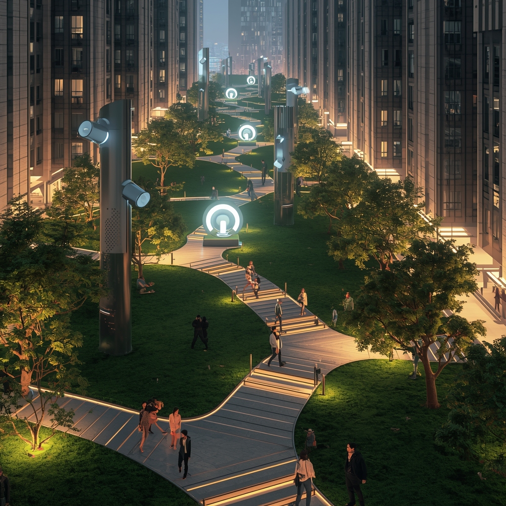 A futuristic park integrated into a high-density urban area with clean lines and glowing paths. Modern sculptures that double as air purifiers. Night scene with soft ambient light. 8k resolution. No people, no women.